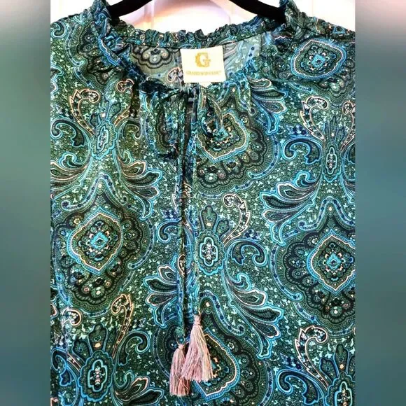 NWT GRAND & GREENE, LARGE, PAISLEY TIE NECK WITH TASSELS TRUMPET SLEEVE TOP - Picture 4 of 11